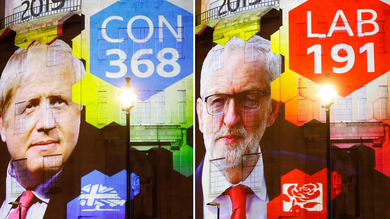 Exit poll results projected on the outside of the BBC building in London. Picture: Tolga Akmen/AFP