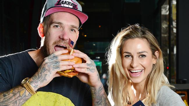 Former footy star Dane Swan and his American partner Taylor Wilson. Picture: Nicki Connolly