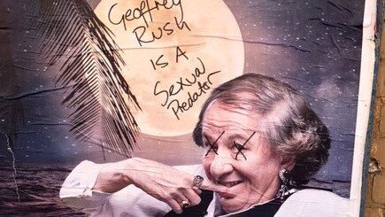 A billposter of Geoffrey Rush promoting the 2018 Melbourne Theatre Company season. The poster has been vandalised accusing Rush of inappropriate behaviour.