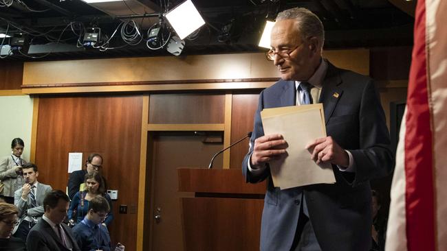 Senate Minority Leader Chuck Schumer prepares to speak to the media after the acquittal verdict. Picture; AFP.