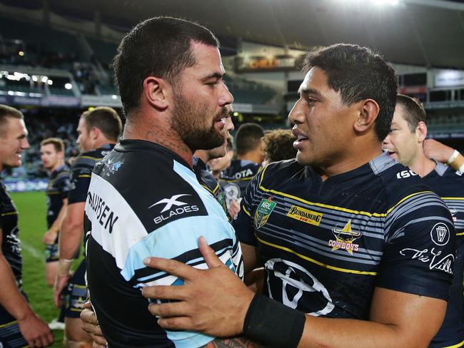 Cowboy's Jason Taumalolo with Cronulla's Andrew Fifita after the Cowboys victory in the Cronulla v Cowboys Elimination Final at Allianz Stadium, Sydney. Picture: Brett Costello