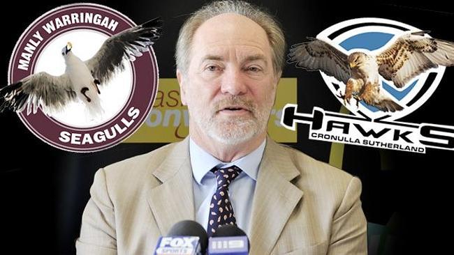 John Grant with the ‘new’ logos for Manly and Cronulla.