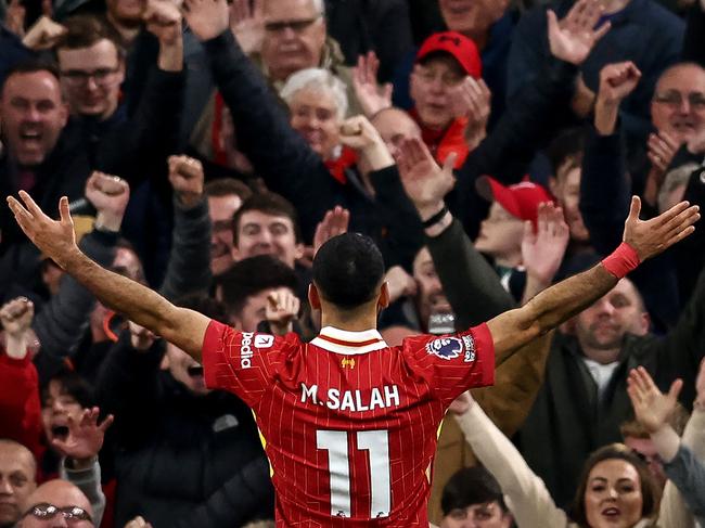 Mohamed Salah celebrates scoring Liverpool's second goal. Picture: AFP