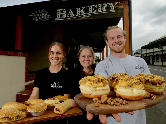 Port Elliot, SA, Wednesday 3 June, 2020. Alanna Horrocks, Jacqueline Brayford (owner) and Russell Kleinig pictured outside the Port Elliot Bakery. The Messenger poll results are in and Port Elliot Bakery has taken the top spot overall. Photo Sam Wundke.