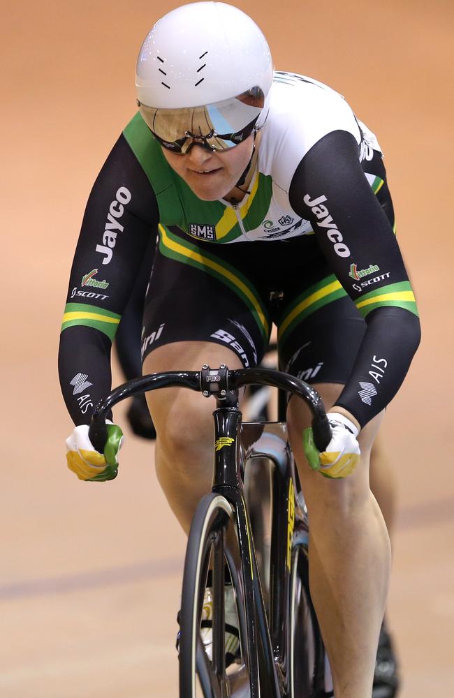 Stephanie Morton of Australia finishes first in the Elite Women keirin final at the Oceania Track Cycling Championships. Picture: Dianne Manson (Getty Images)