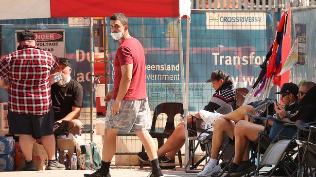 CFMEU blocking workers at the site of the Cross River Rail station Dutton Park. Picture: Liam Kidston