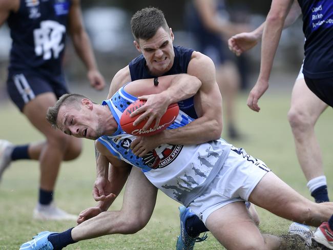 Jai Hardwick tackles Sam Monaghan during the MPNFL Div : Edi-Asp v Rosebud football match in Aspendale, Saturday, April 27, 2019. Picture: Andy Brownbill