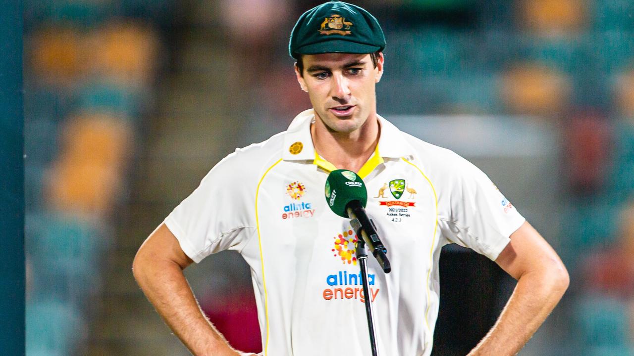 Pat Cummins speaks during the Ashes Test in Tassie. Photo: Linda Higginson.