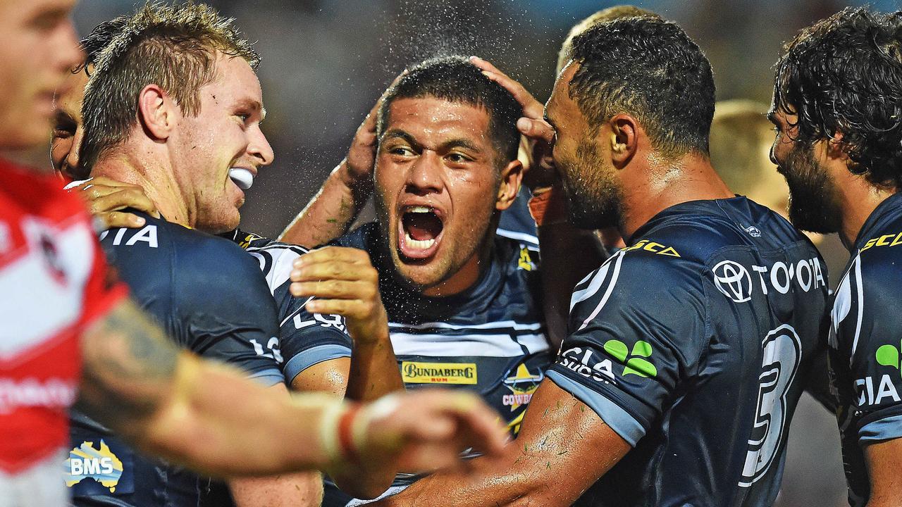 John Asiata of the Cowboys celebrates after setting up Michael Morgan for a try.. Picture: Zak Simmonds