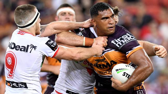 Broncos prop Tevita Pangai Jr struggled to fire against the Dragons last week. Picture: Getty Images