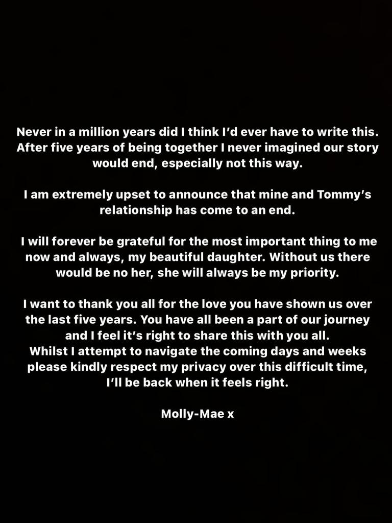 Molly-Mae’s break-up announcement on Instagram. Picture: Instagram