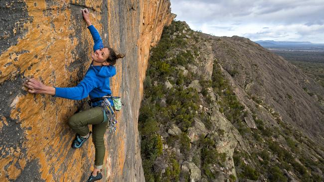 Rock climber Kerrin Gale scales the mighty 'Taipan Wall' in the Grampians. Picture: Simon Carter