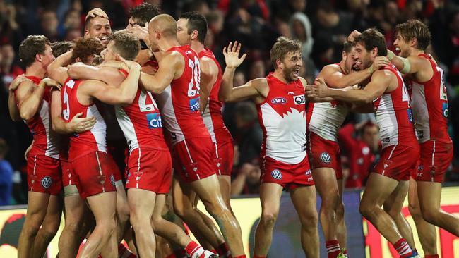 Sydney celebrates its epic win over Essendon. Picture: Phil Hillyard