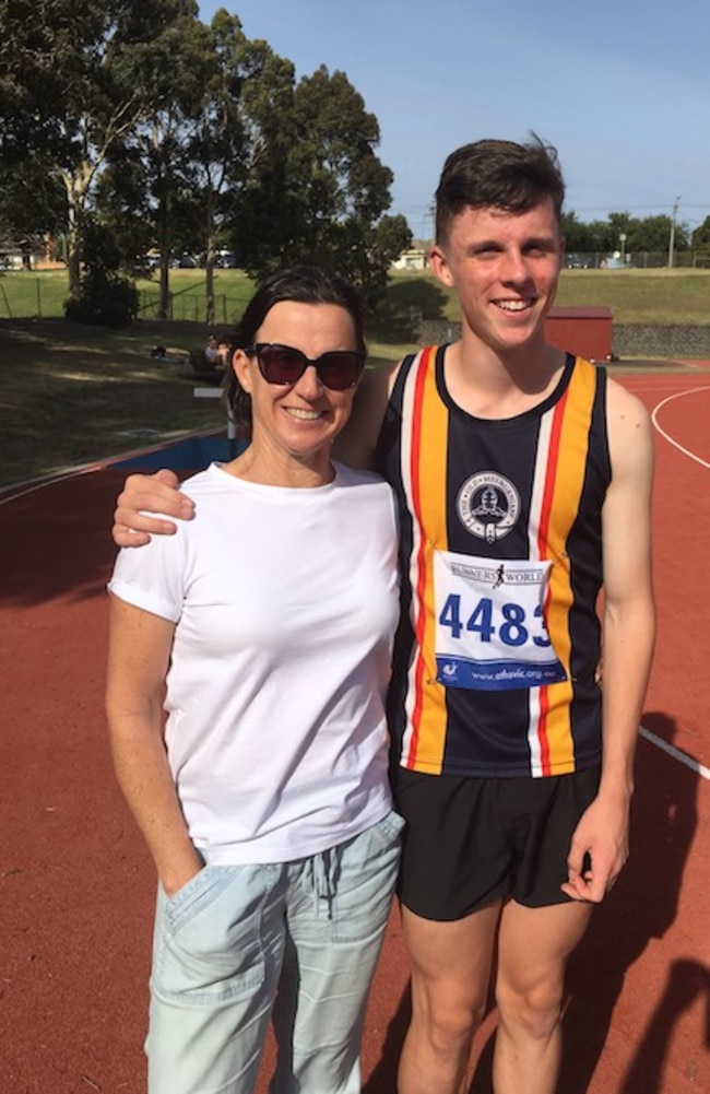 AFL draft prospect Max Holmes with his mother, former running champion Lee Naylor.