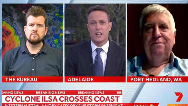 The footage was used as overlay while Port Hedland Mayor Peter Carter (right) spoke about Cyclone Ilsa. Picture: Sunrise/Channel 7