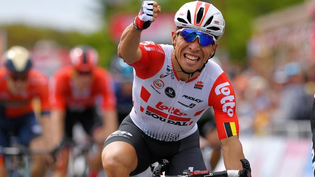 Caleb Ewan celebrates his stage win before being disqualified.