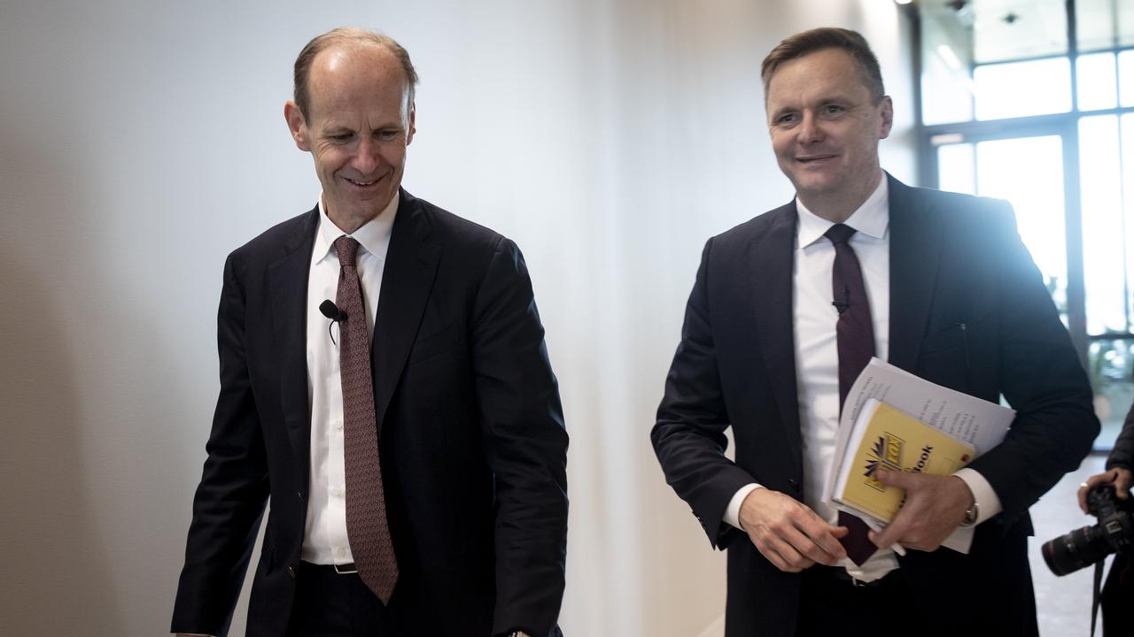 ANZ's chief executive Shayne Elliott, left, and Suncorp's CEO Steve Johnston at the joint announcement in July 2022 outlining plans for ANZ to buy Suncorp’s bank. Picture: Arsineh Houspian