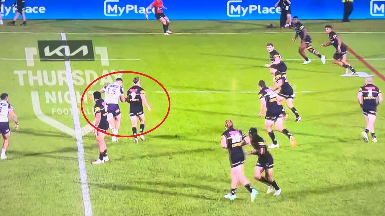 Penrith Panthers hooker Mitch Kenny acts as a blocker out of dummy half for halfback and kicker, Nathan Cleary.