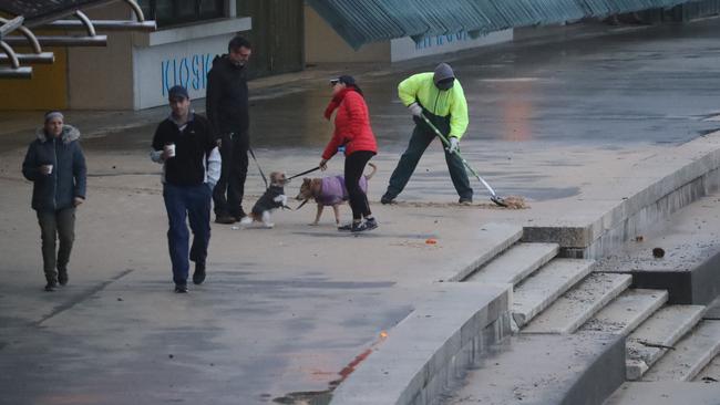 Huge surf was battering Coogee Beach on Wednesday morning before police resumed a search for an alleged missing surfer. Picture: John Grainger