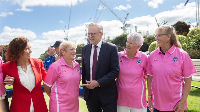 The Prime Minister, Anthony Albanese meets members of the Frankston Bowls Club in Frankston, after delivering a press conference with Labor candidate for Dunkley, Jodie Belyea. Picture: NCA NewsWire / Nicki Connolly