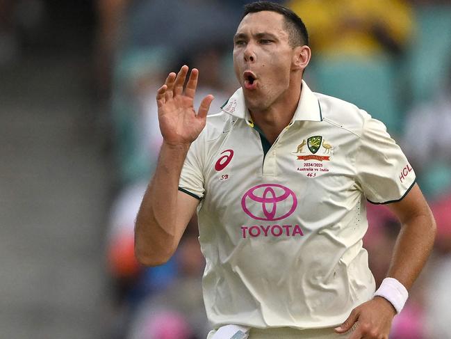 Australiaâs Scott Boland reacts after a delivery on day two of the fifth cricket Test match between Australia and India at The SCG in Sydney on January 4, 2025. (Photo by Saeed KHAN / AFP) / -- IMAGE RESTRICTED TO EDITORIAL USE - STRICTLY NO COMMERCIAL USE --