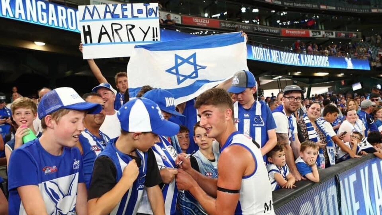 The Israeli flag at Saturday’s game between North Melbourne and West Coast, which was dominated by young Jewish star Harry Sheezel. Photo: Peter Haskin/The Australian Jewish News.