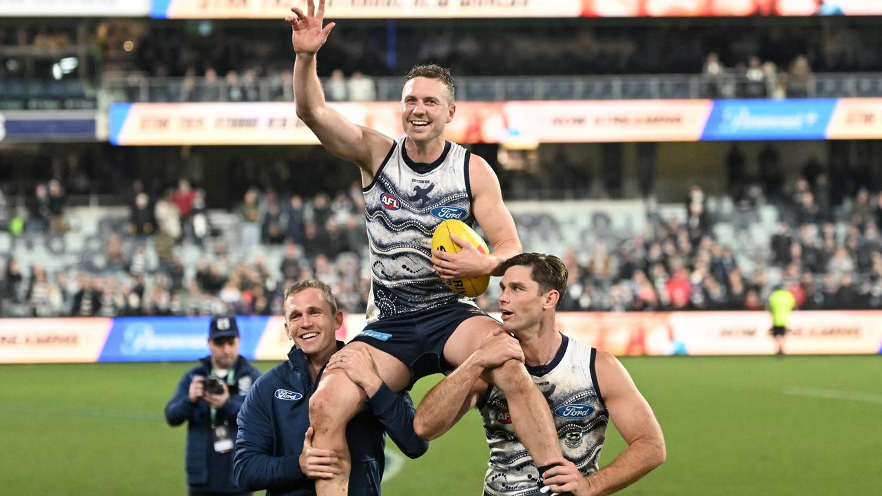 Geelong’s Mitch Duncan gets chaired off after his 250th game. (Photo by Morgan Hancock/Getty Images)