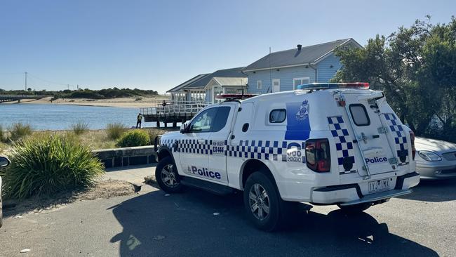 Police at the scene of a tragedy in Barwon Heads this morning. Photo: Alan Barber.