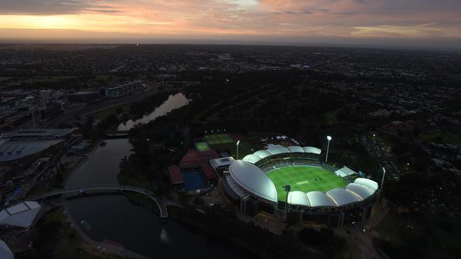 Aerial photos of Adelaide Oval during the first ever day-night test cricket match between New Zealand and Australia. Photo: Naomi Jellicoe.