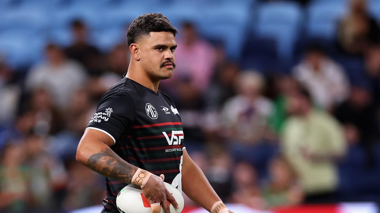 SYDNEY, AUSTRALIA - MARCH 22: Latrell Mitchell of the Rabbitohs warms up during the round three NRL match between Sydney Roosters and South Sydney Rabbitohs at Allianz Stadium, on March 22, 2024, in Sydney, Australia. (Photo by Cameron Spencer/Getty Images)