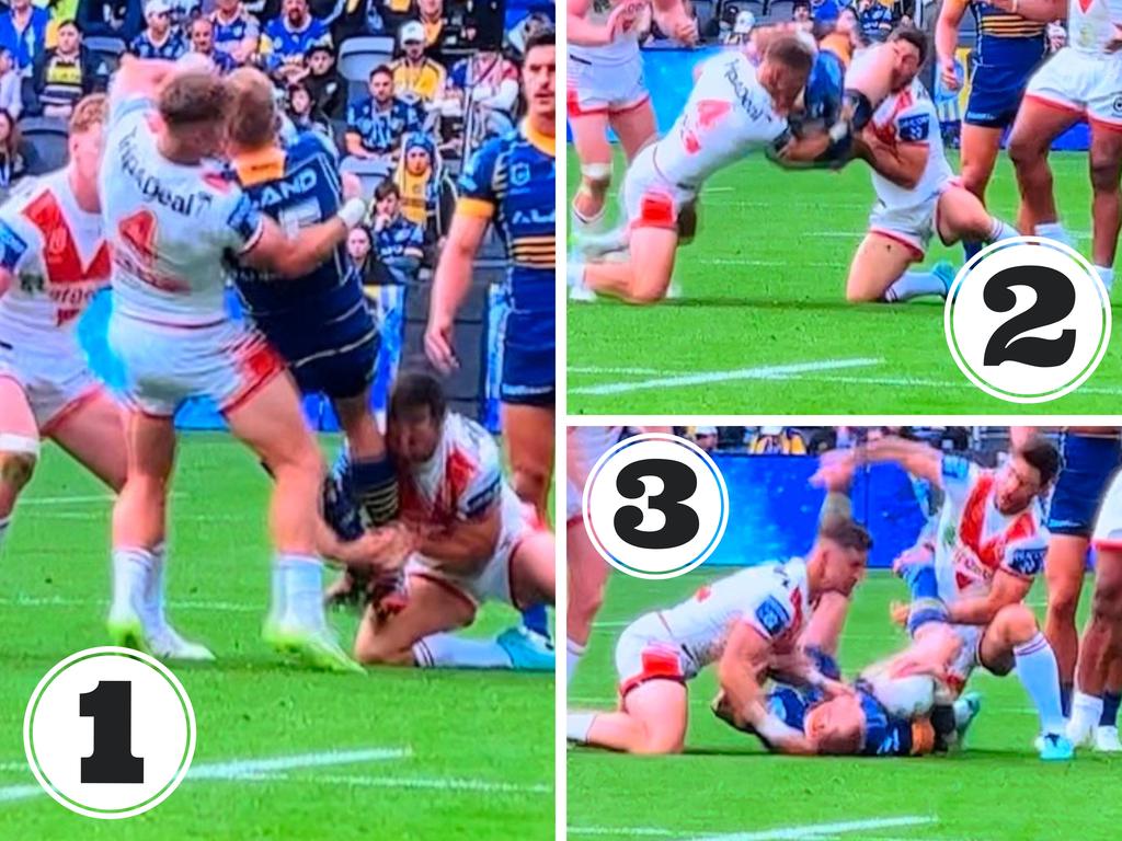 Zac Lomax escaped with a penalty for this head slam.