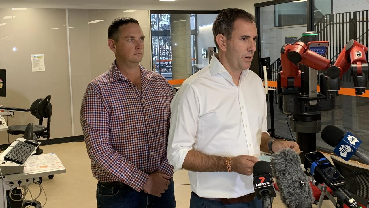 Dawson Labor candidate Shane Hamilton (left) stands with Opposition Treasurer Jim Chalmers at the Mackay CQU campus on April 14. Mr Chalmers said an Albanese government would funnel $9m to CQU to establish a Mackay Electric Vehicle Energy Training Centre. Picture: Duncan Evans