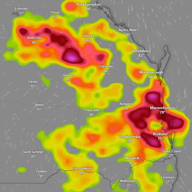 The storms are smashing a large part of Southeast Queensland.