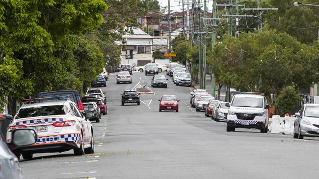 Queensland Police at Carl Street, Woolloongabba, after reports of a shooting, Sunday, January 1, 2023 – Picture: Richard Walker