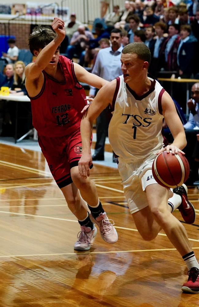 GPS First V Basketball round one action between Gregory Terrace and The Southport School. Picture courtesy of Heidi Brinsmead.