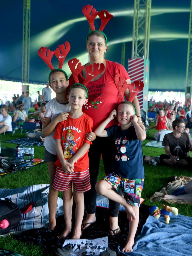 Carols by Candlelight at Riverway 2022. Jayshamah Bell with Lachlan, 7, Liam, 5, and Lilliana, 8. Picture: Evan Morgan