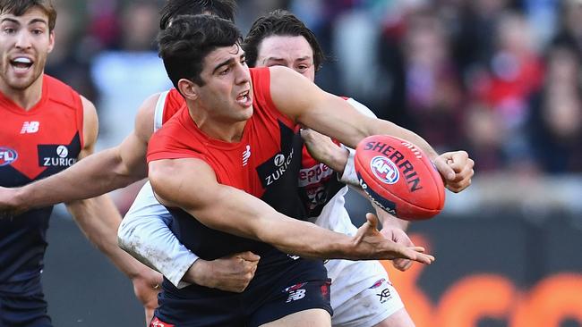 Christian Petracca is tackled by Jack Steven.