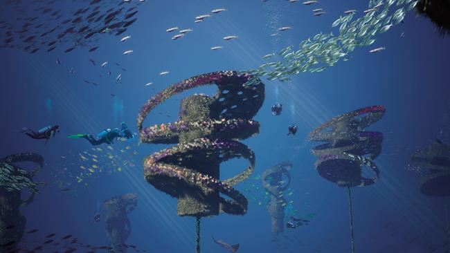 The concept design comprises nine buoyant ‘sculptural reef flutes’ individually tethered to the sea floor by reinforced concrete and steel pyramids. Picture: Gold Coast City Council.