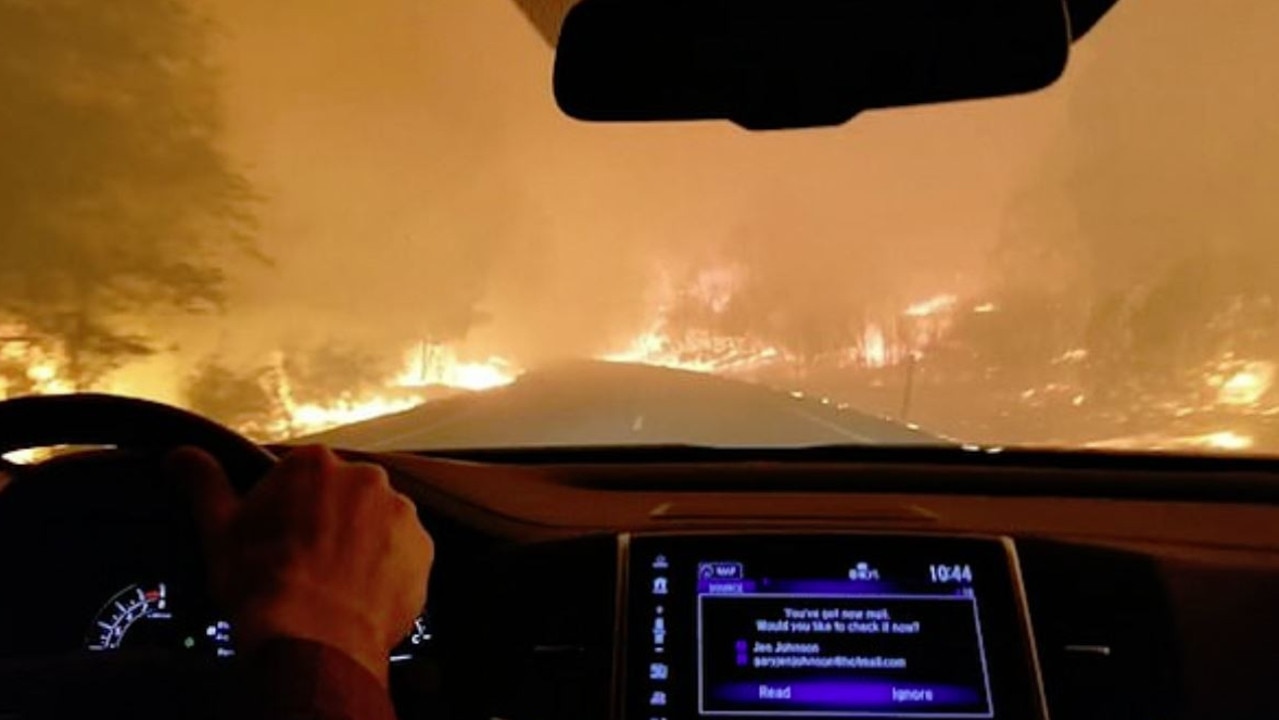 A family was forced to drive through blazing bushfires in California to get to safety. Picture: Facebook