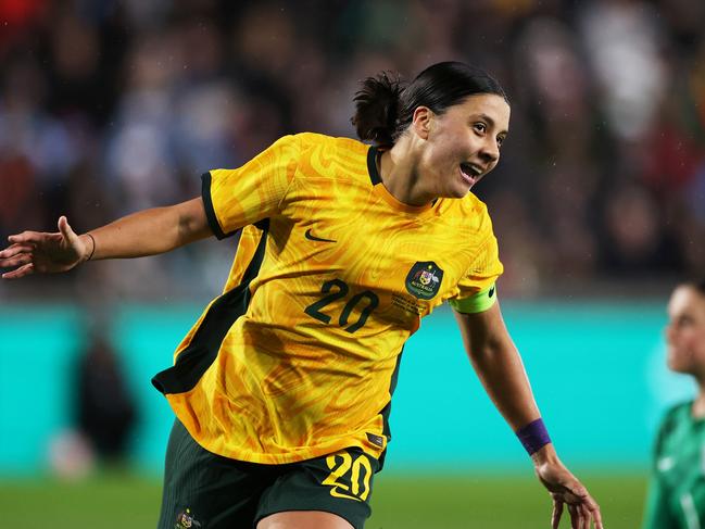 BRENTFORD, ENGLAND - APRIL 11: Sam Kerr of Australia celebrates after scoring the team's first goal during the Women's International Friendly match between England and Australia at Gtech Community Stadium on April 11, 2023 in Brentford, England. (Photo by Ryan Pierse/Getty Images)