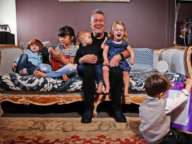 Jimmy Barnes with the newer additions to his clan — his adorable grandchildren  Dylan, Ruby, Rosetta, Jimmy, Betty and Billy. Picture: Sam Ruttyn