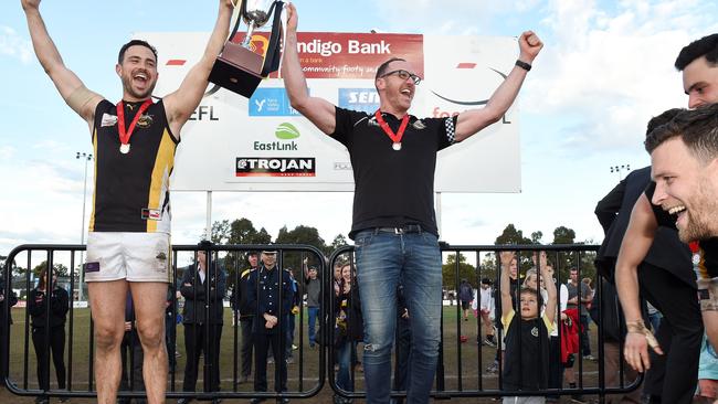 Balwyn captain Rennie Gilchrist with coach Daniel Donati after defeating Vermont in the 2016 decider. Picture: Steve Tanner