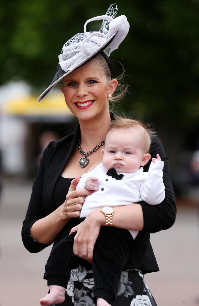 2014 AAMI Victoria Derby Day, Flemington, Victoria. Alison Van Den Dungen with the very dapper Johannes, 15 weeks. Picture: Mark Stewart