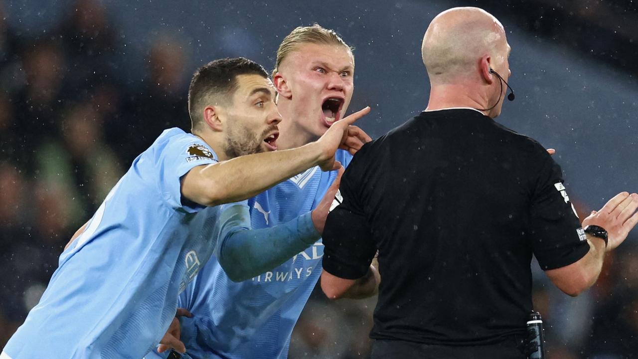 Manchester City star Erling Haaland had a major outburst at referee Simon Hooper. (Photo by Darren Staples / AFP)