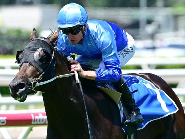 Space Rider dashes away under Chad Schofield to win the QTIS 2YO handicap at Eagle Farm for jockey Chad Schofield. Picture: Grant Peters - Trackside Photography