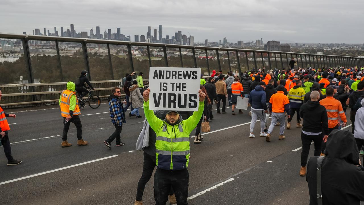 Thousands of protesters marched after the Victorian government announced a construction shutdown on September 21, 2021. Picture: Asanka Ratnayake/Getty Images