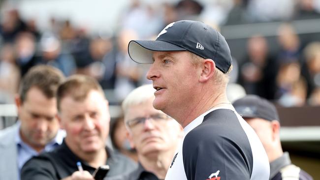 Michael Voss speaks to the media after the open session. Picture: Sarah Reed/AFL Photos