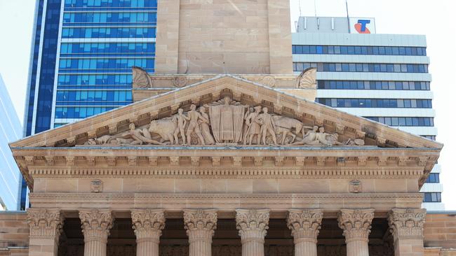 Gable sculpture on City Hall in King George Square, Brisbane CBD on Wednesday, January 17, 2018. (AAP Image/Claudia Baxter)