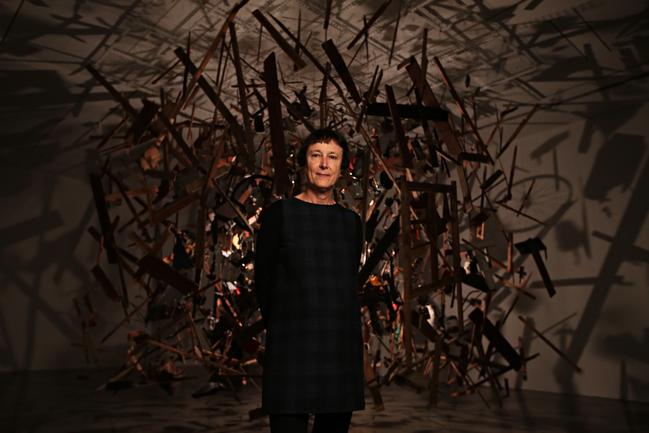 British contemporary artist Cornelia Parker at the Museum of Contemporary Art in Sydney with her work Cold Dark Matter: An Exploded View. Picture: Adam Yip