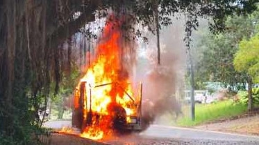 Firefighters have rushed to Rainbow Beach after a caravan burst into flames on Thursday March 30, 2023.